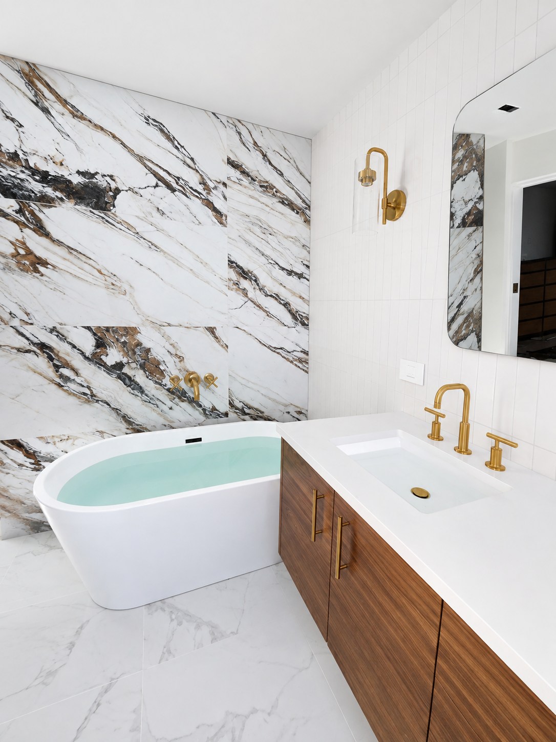 Full bathroom remodel with marble slab shower, gold fixtures, and freestanding tub, Tampa Bay, FL