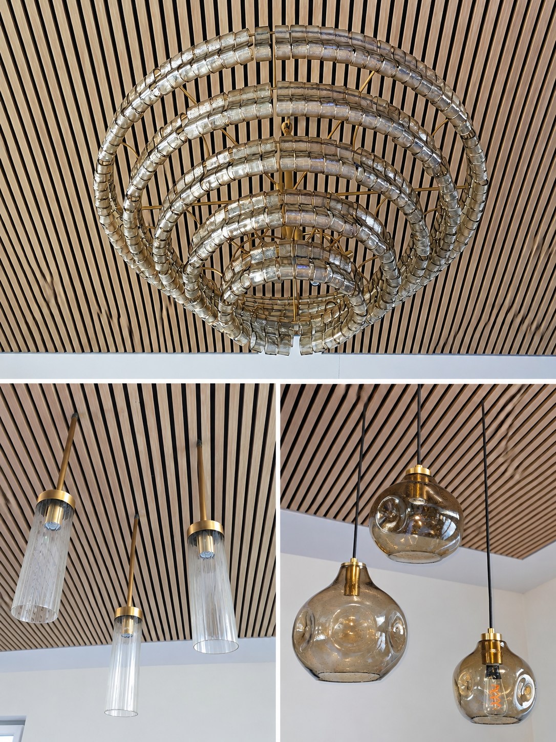 Custom glass ring chandelier and pendant light fixtures installed in a renovated great room, Tampa Bay, FL