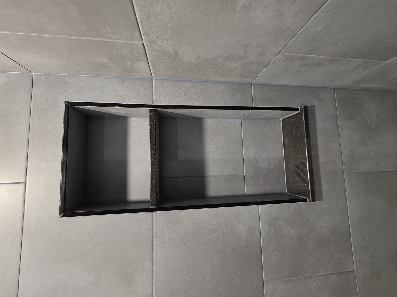 Built-in shower niche with two shelves, gray tile, Tampa Bay, FL